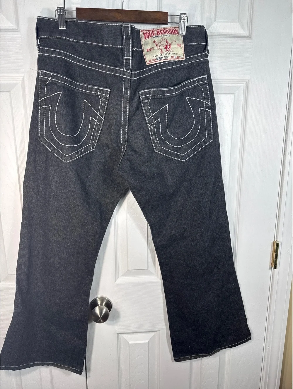 True Religion Black Distressed Denim Jeans with White Stitching